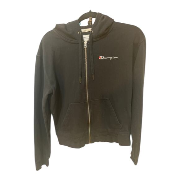 Champion Fleece Hoodie Sweatshirt Women’s Size M Black Pullover White Logo - Picture 1 of 8